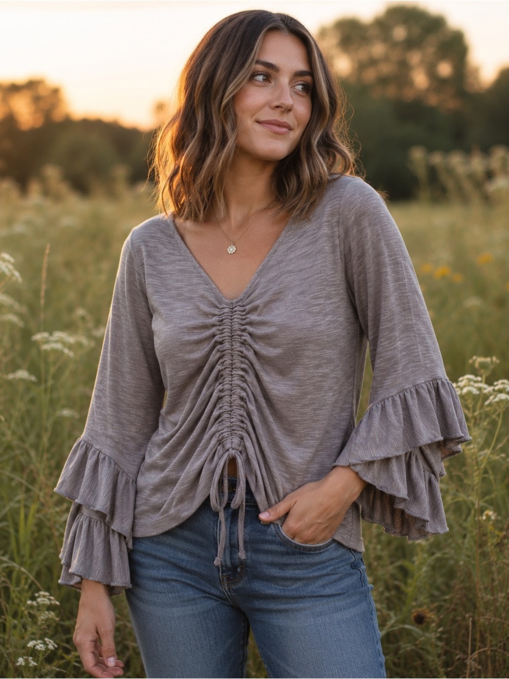 Earthbound Trading Co XXL Boho Ruched Top Ruffle Bell Sleeve Taupe Stretch